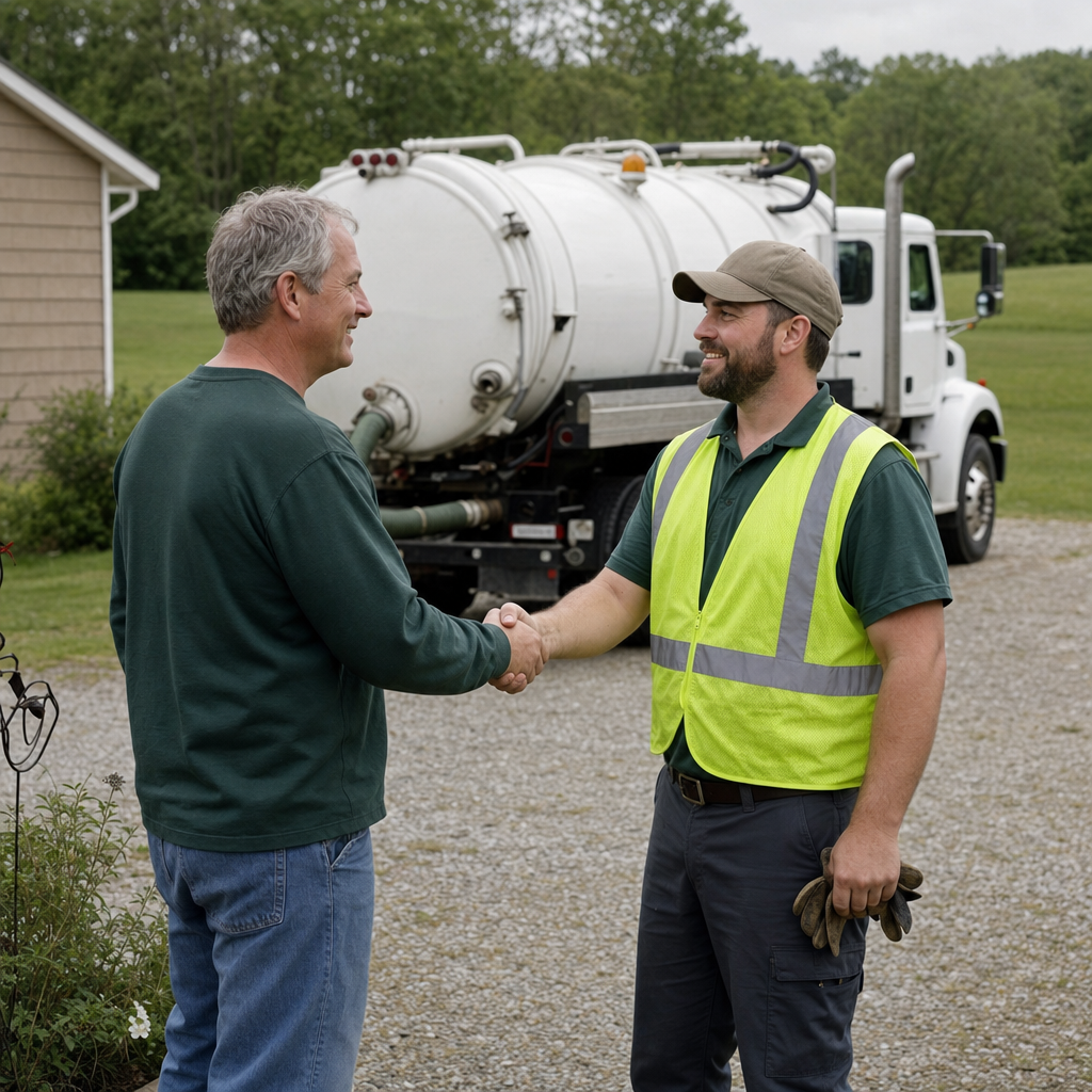A septic technician shaking a Saint Louis homeowner's hand beside the service truck after a completed pump-out