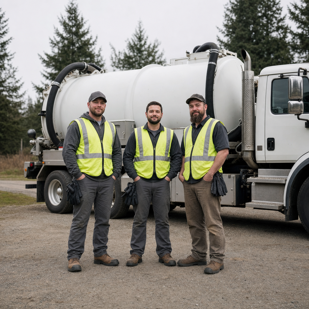 The Saint Louis septic pumping crew standing together beside their clean white vacuum truck on a residential street