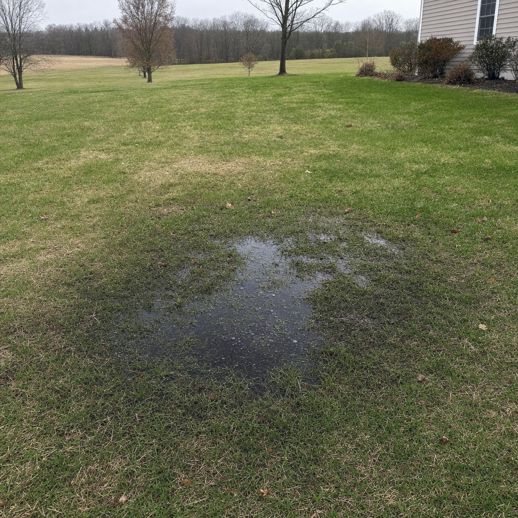 A dark, saturated wet spot in a Saint Louis backyard lawn marking a failing cesspool at capacity