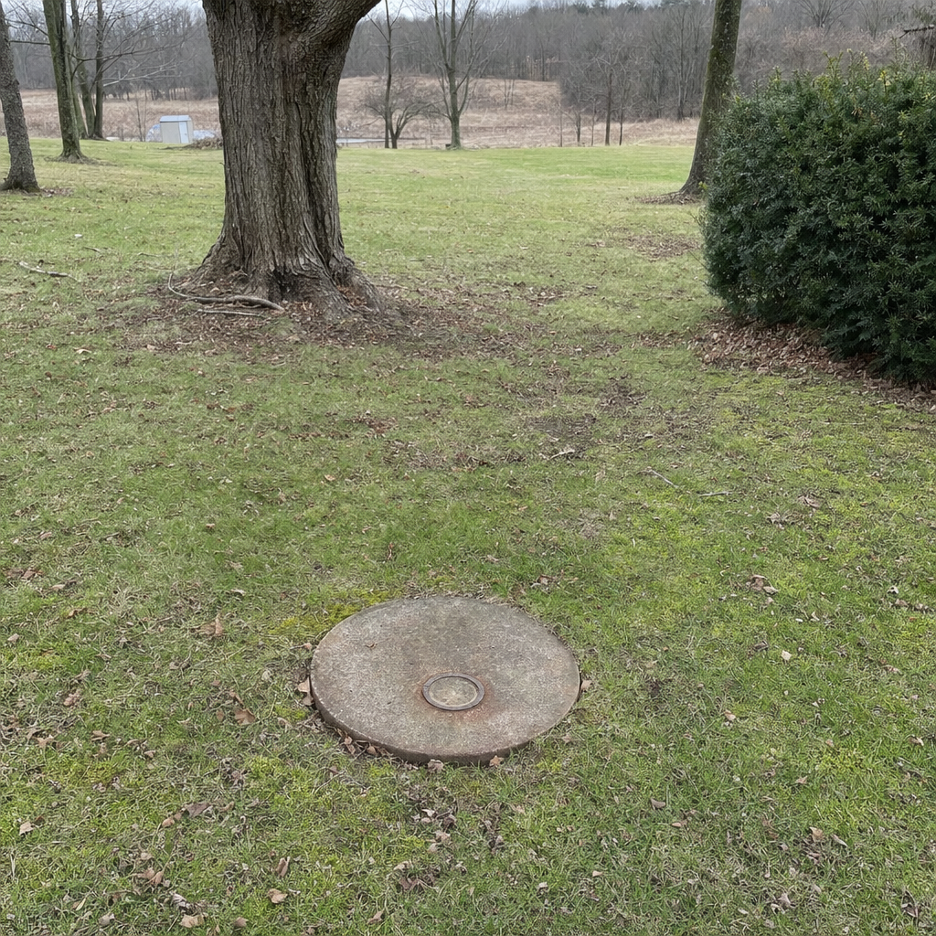An older round cesspool access lid set flush in an established, mature Saint Louis backyard lawn