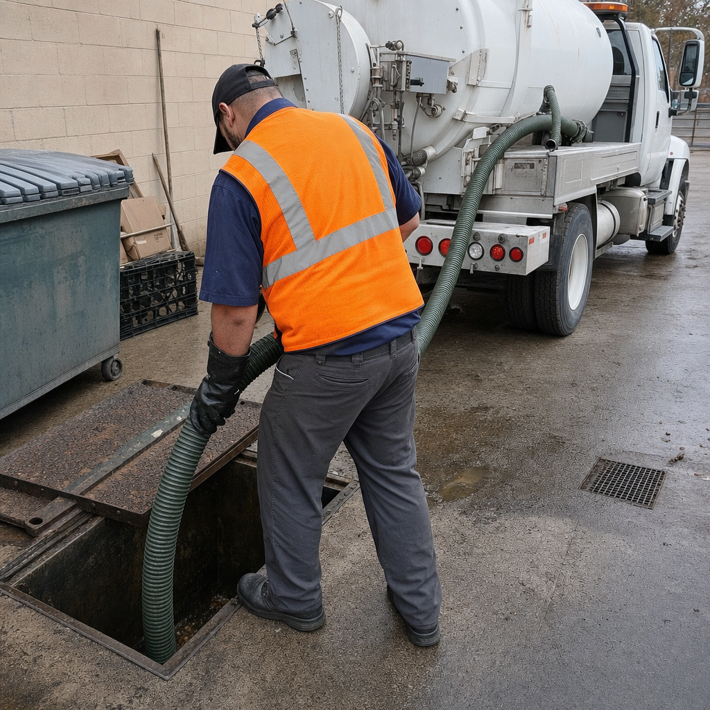 Technician pumping a grease trap behind a Saint Louis restaurant