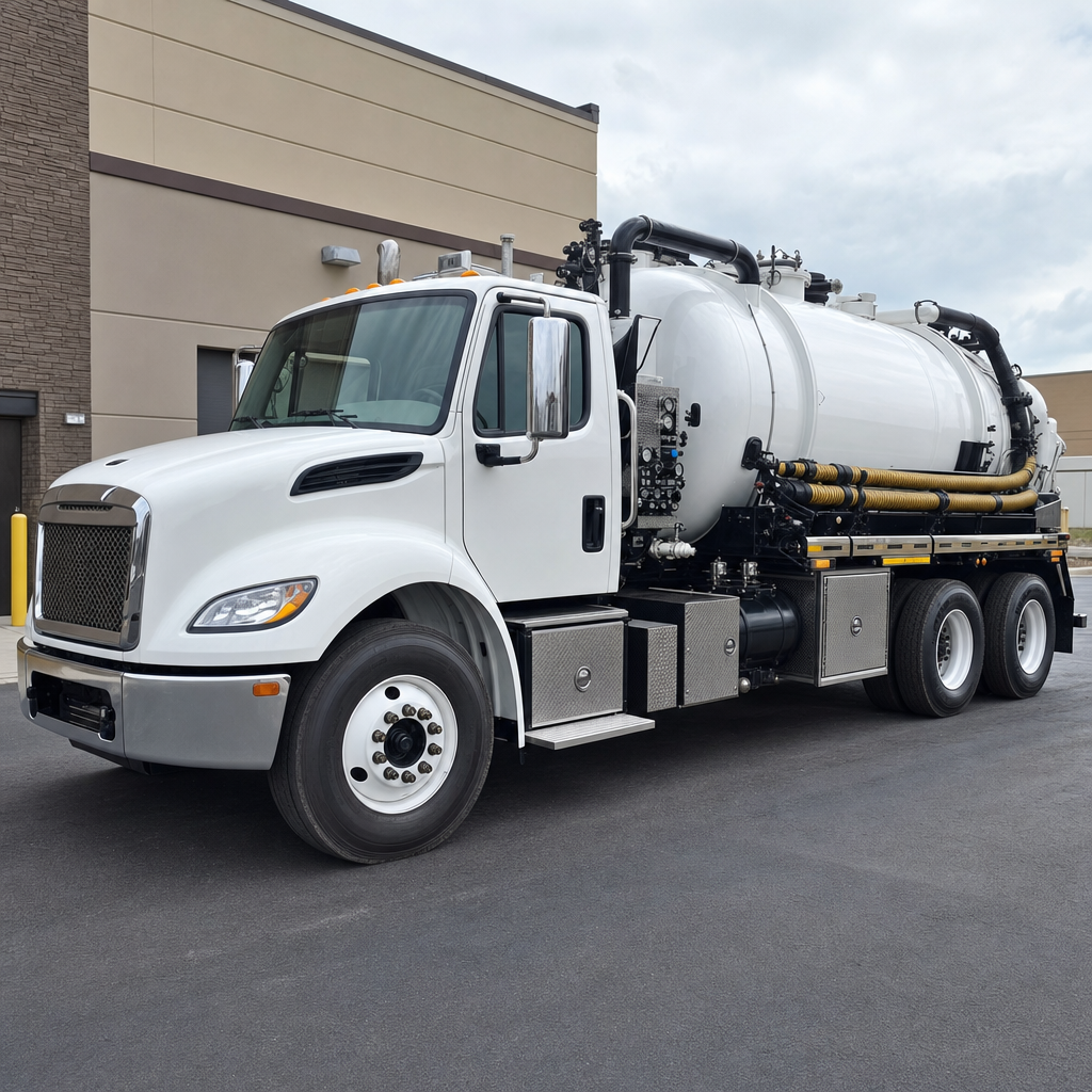 Commercial septic vacuum truck parked in a Saint Louis business parking lot