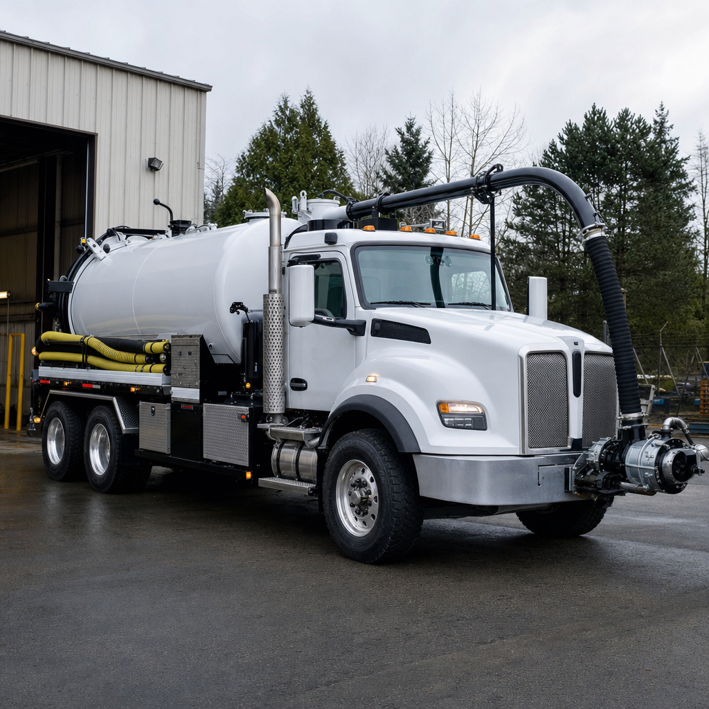 A clean white septic vacuum truck rolling out of a tidy Saint Louis service depot at the start of the day