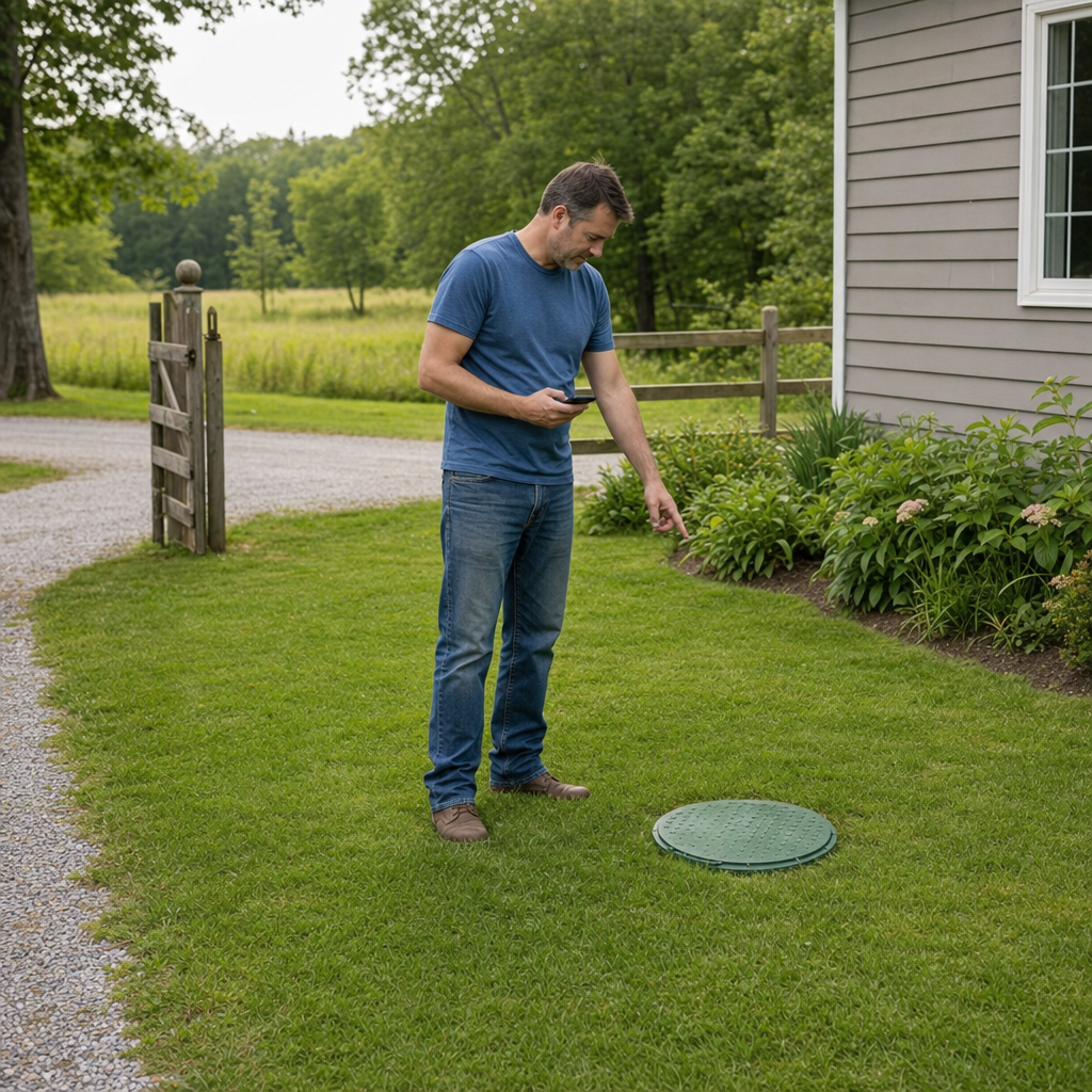 A Saint Louis-area homeowner standing in the backyard noting where the septic tank lid and access route are located