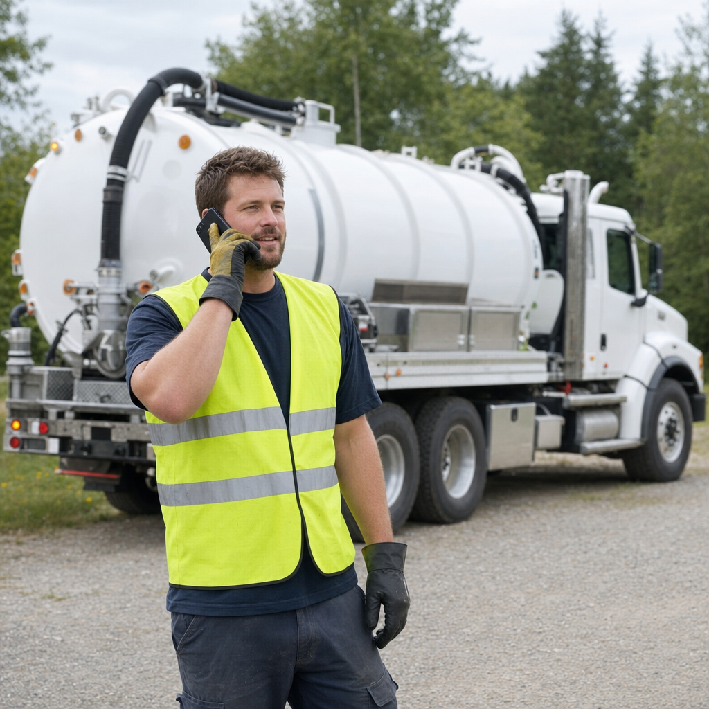 A friendly septic dispatcher holding a phone, ready to answer a Saint Louis homeowner's call about a pump-out