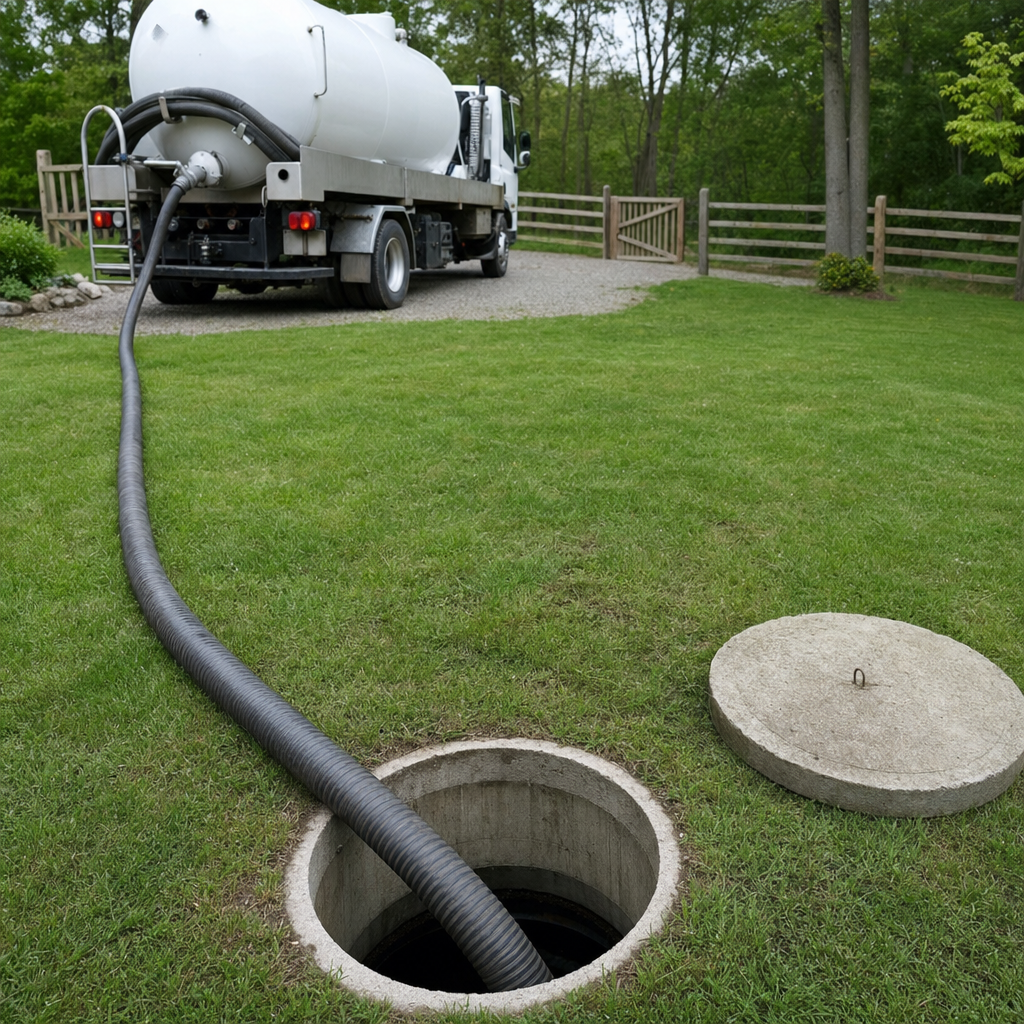 Suction hose connected to an open septic tank, drawing it down in a tidy Saint Louis yard