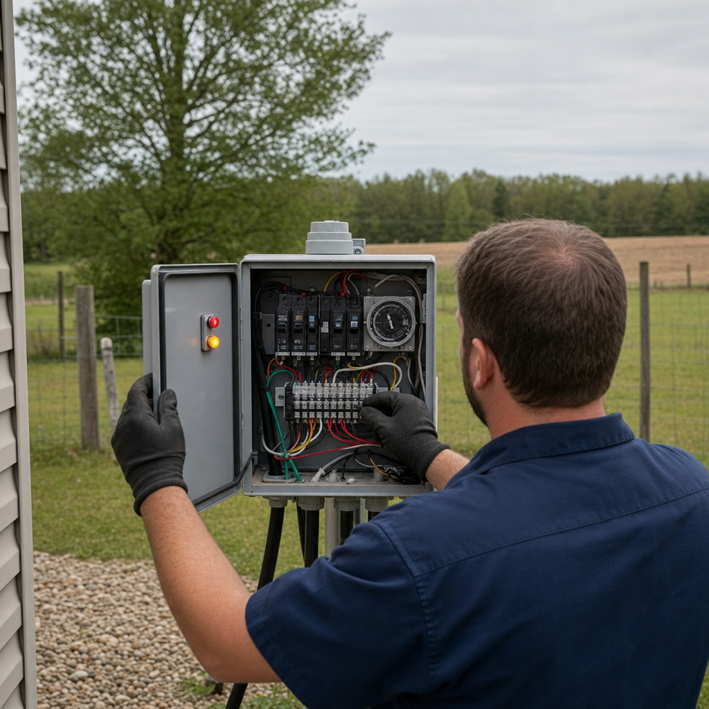 Technician checking an aerobic septic control box with a lit red high-water alarm during a same-day Saint Louis visit