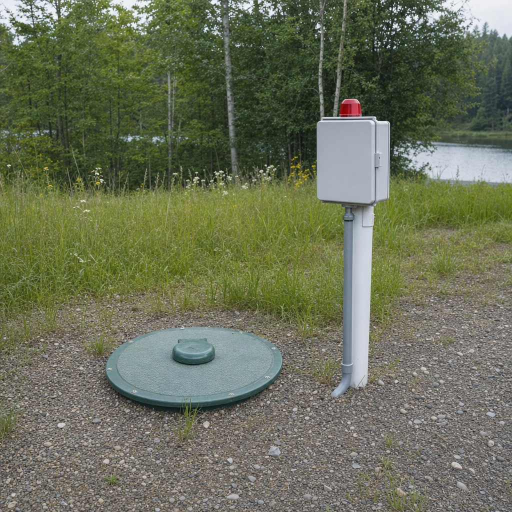 A wastewater holding tank access lid set in the ground at a rural Saint Louis-area cabin, with a mounted high-level float alarm panel nearby