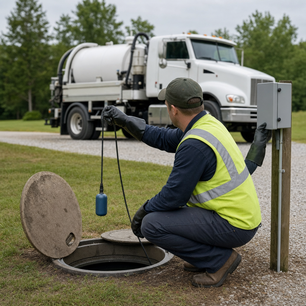 A septic technician in a high-visibility vest checking a high-level float switch and alarm panel on a holding tank at a rural Saint Louis-area site