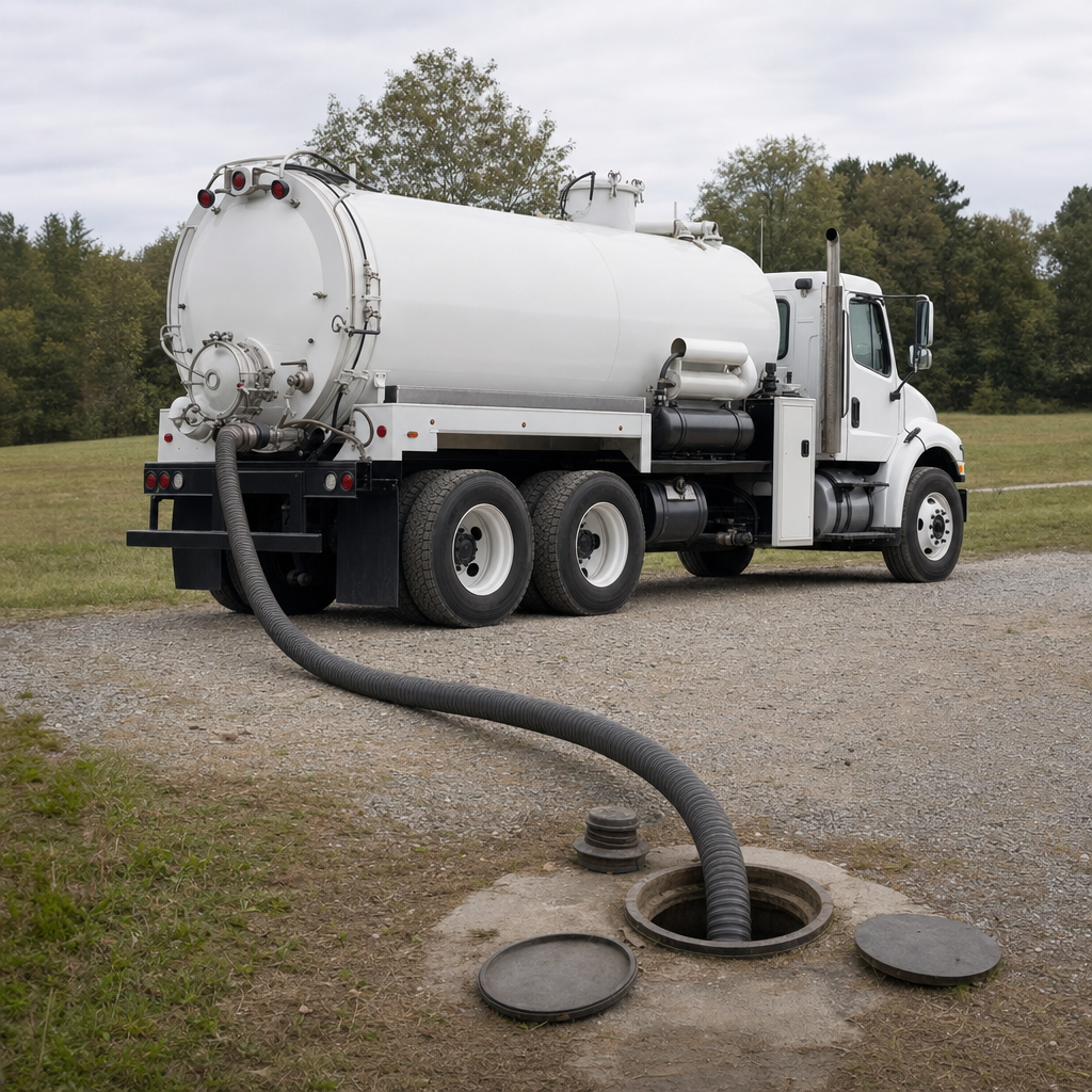 An unmarked white vacuum truck emptying a wastewater holding tank on a scheduled visit at a rural Saint Louis-area property, thick suction hose running to the tank lid