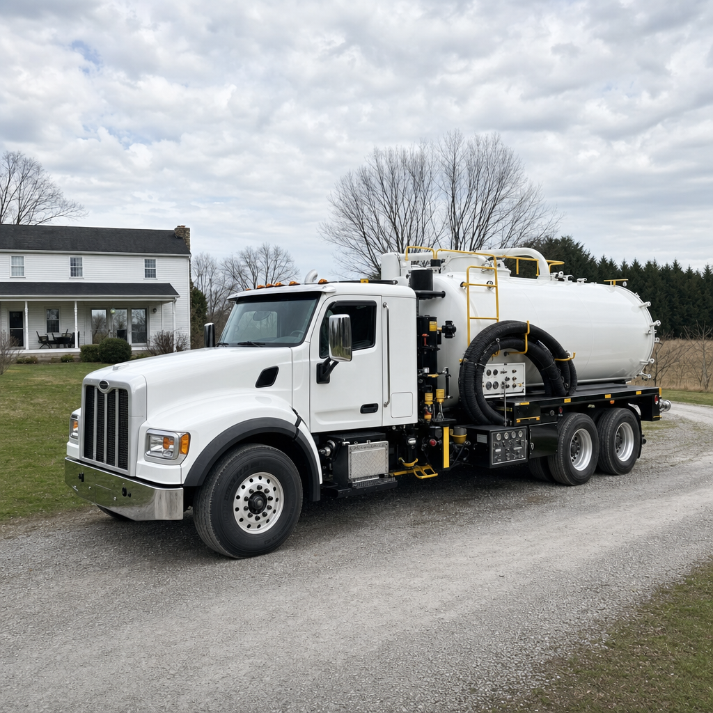 A clean white septic vacuum truck parked on a tidy Saint Louis driveway with the suction hose neatly coiled