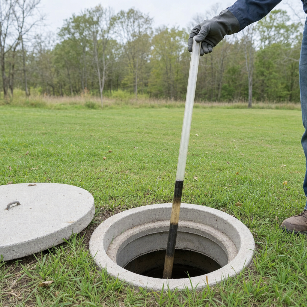A septic sludge-judge measuring stick lowered into an open Saint Louis septic tank to read the depth of the sludge and scum layers before deciding whether a pump-out is due