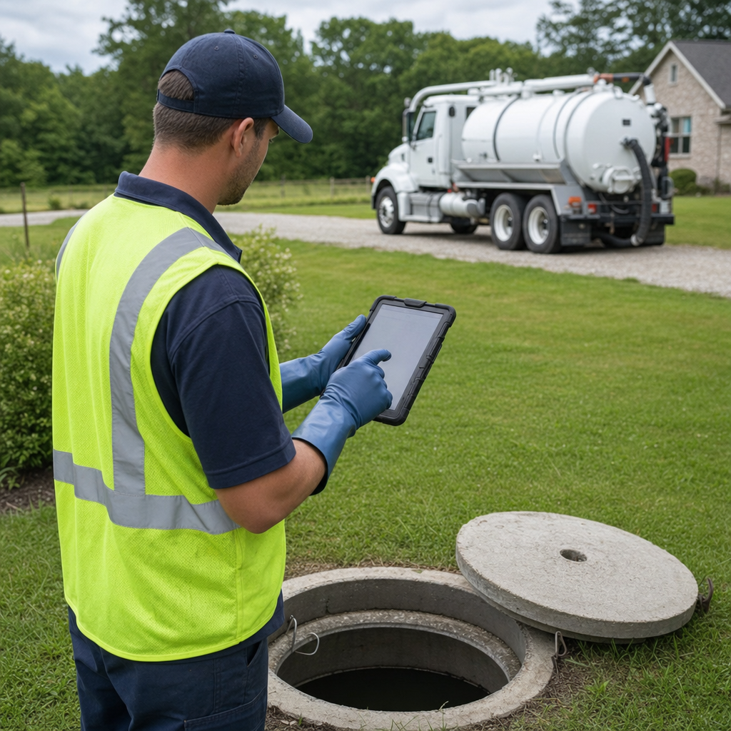 A septic technician recording a Saint Louis home's pump-out date and tank condition on a tablet beside an open access lid, tracking the service history that sets the next due date
