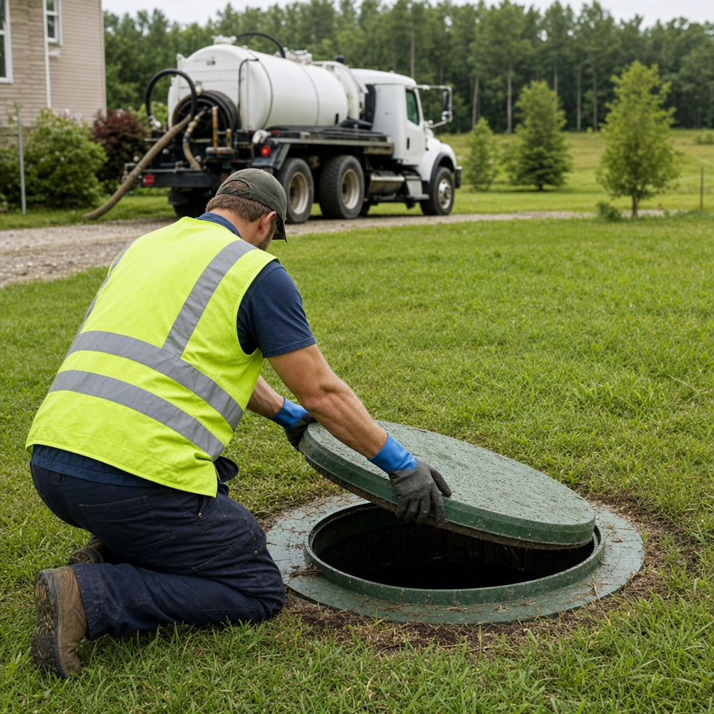 Septic technician kneeling on a Saint Louis lawn, lifting the access lid on a residential septic tank