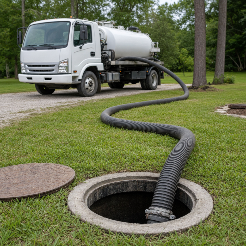Thick ribbed suction hose lowered into a clean open septic tank port on a tidy Saint Louis backyard lawn