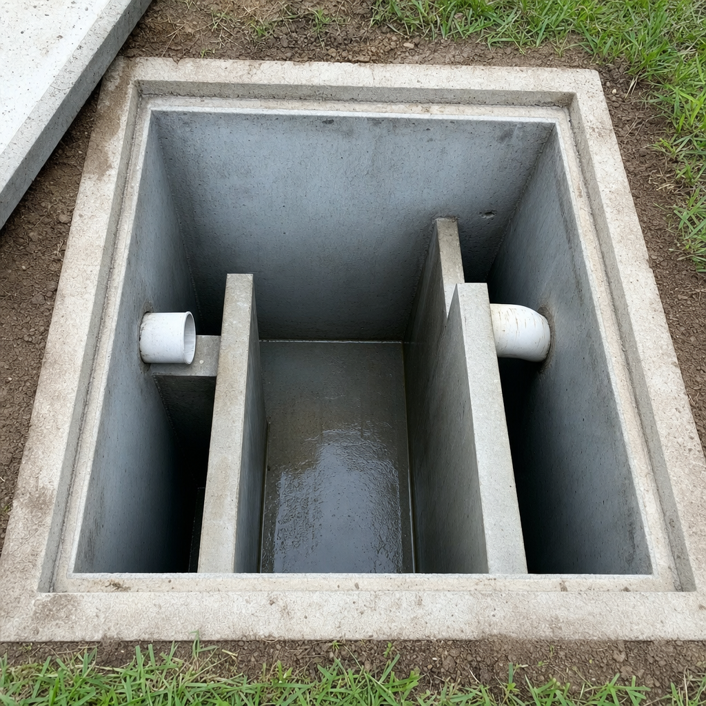 Inspection of the concrete baffles inside an open, emptied and freshly cleaned Saint Louis septic tank