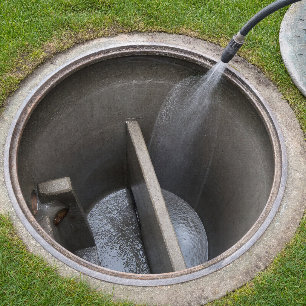 Interior concrete walls of an emptied Saint Louis septic tank being rinsed clean with the truck's onboard water hose