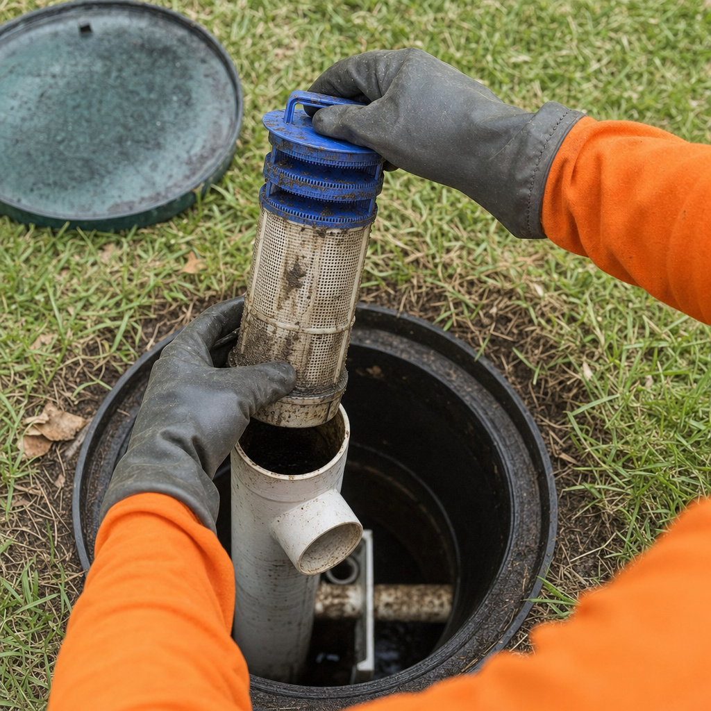 Septic technician's gloved hands lifting the effluent filter cartridge out of the outlet housing on a Saint Louis septic tank