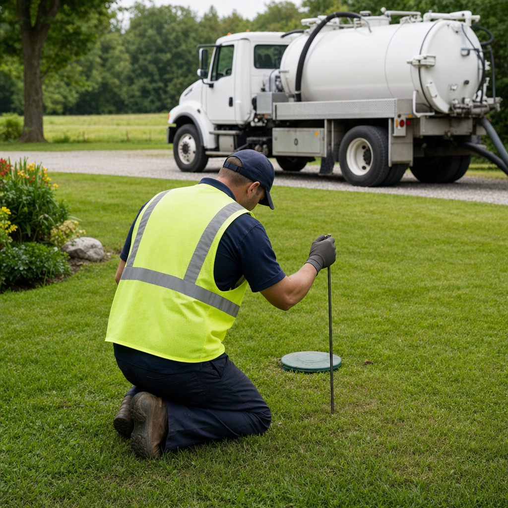Septic technician kneeling on a Saint Louis lawn, probing to locate and measure the depth of a buried septic tank lid before pumping