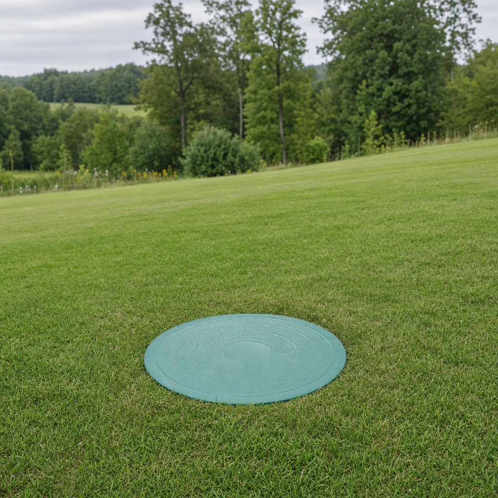 A newly installed septic riser bringing the tank lid up flush to grade in a Saint Louis yard for easy future access