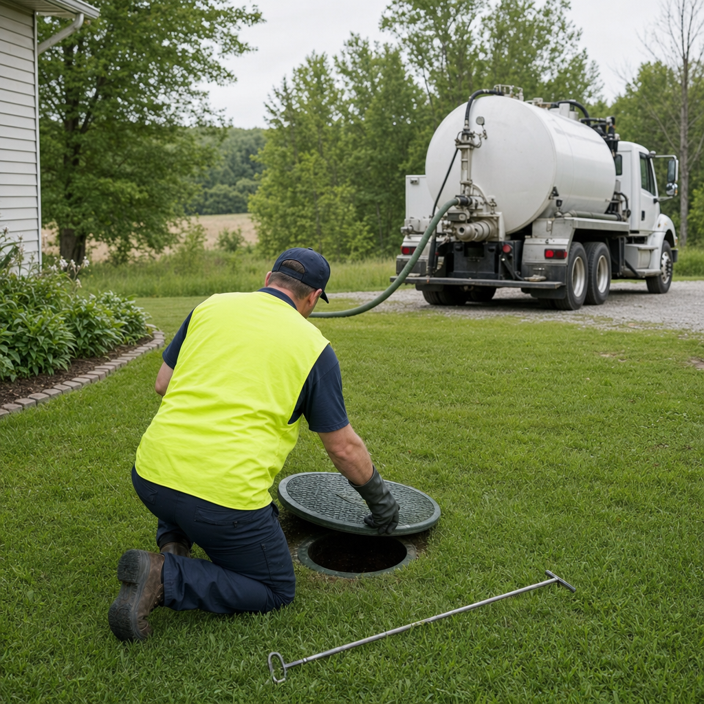 Septic technician kneeling on a Saint Louis lawn, lifting the buried access lid on a residential septic tank