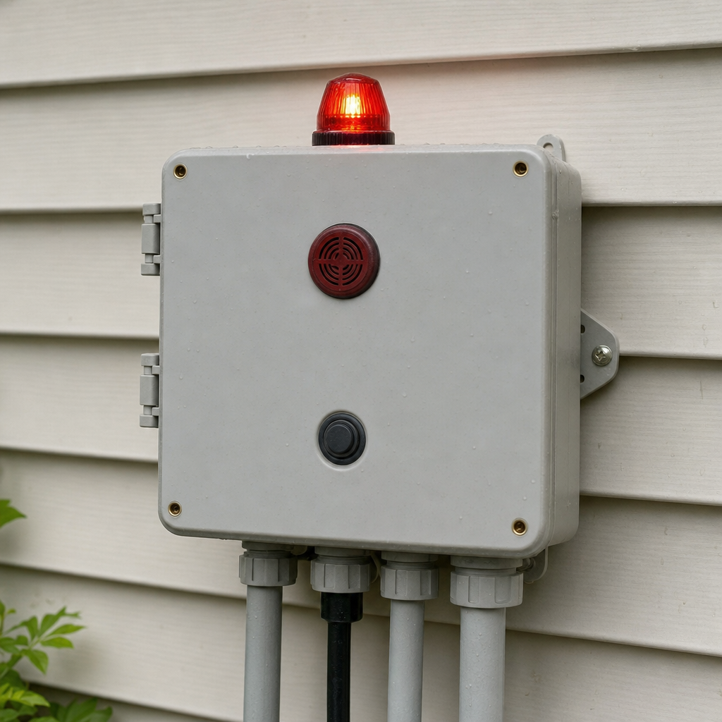 An aerobic septic system control panel mounted outside a Saint Louis home with its red high-water alarm light lit