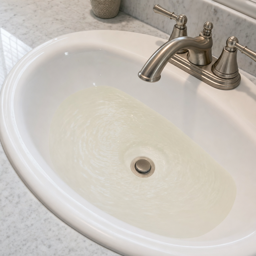 A bathroom sink draining slowly with water pooled in the basin, an early warning sign that a Saint Louis septic tank is full